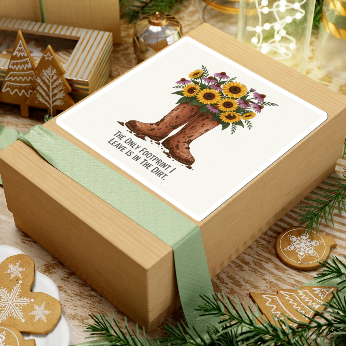 Cowboy Boots with Sunflowers Sticker — "The Only Footprint I Leave Is In The Dirt" Kiss-Cut Sticker