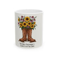 Sunflower Garden Boots Mug — “The Only Footprint I Leave Is In The Dirt” Ceramic Coffee Cup