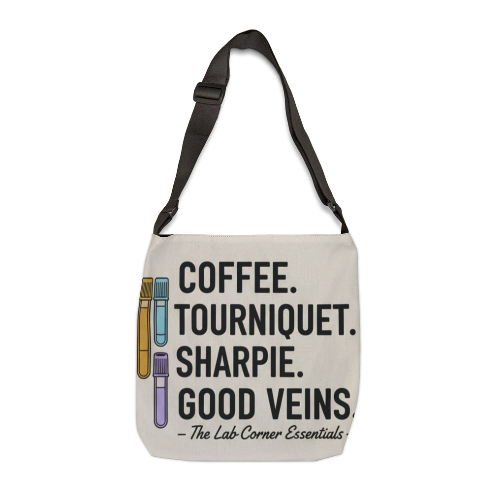 Lab Tech Tote Bag — "Coffee. Tourniquet. Sharpie. Good Veins." Adjustable Canvas Shoulder Bag