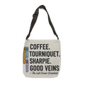 Lab Tech Tote Bag — "Coffee. Tourniquet. Sharpie. Good Veins." Adjustable Canvas Shoulder Bag