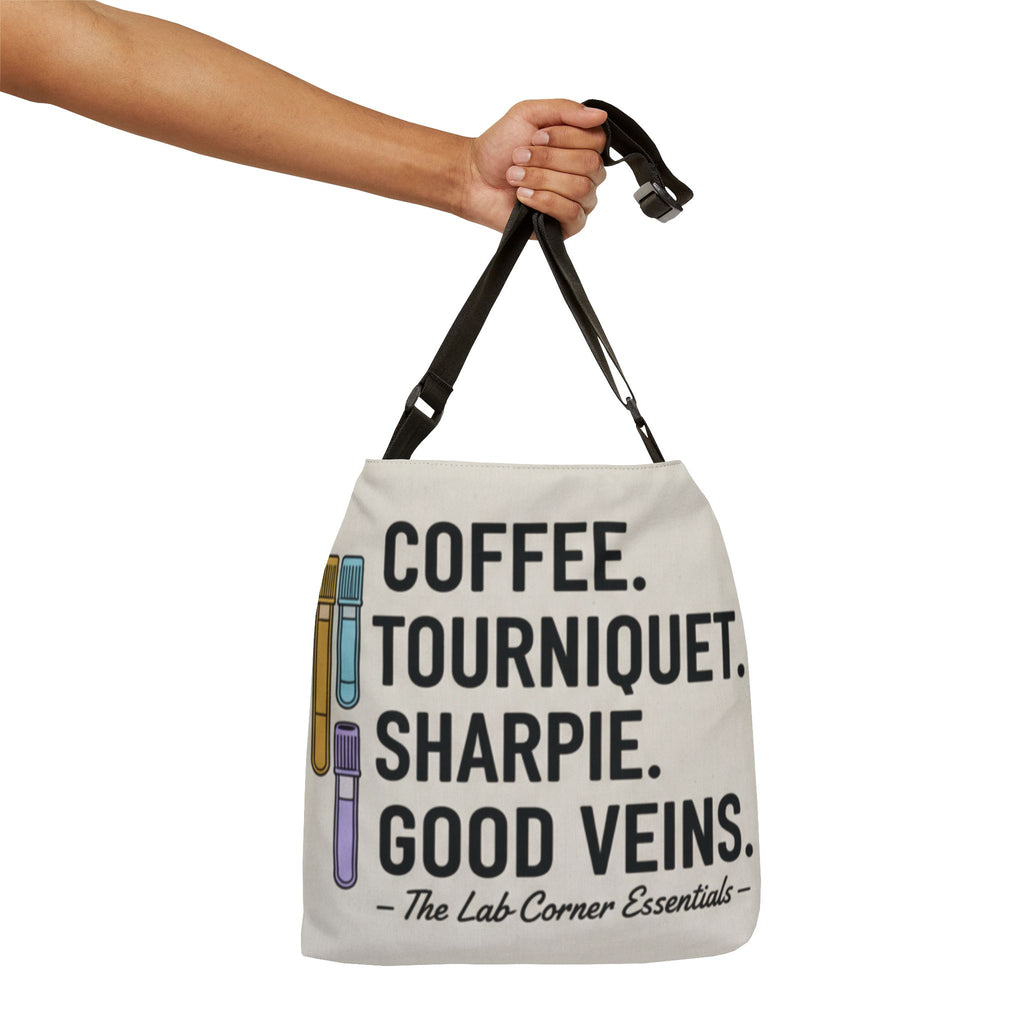 Lab Tech Tote Bag — "Coffee. Tourniquet. Sharpie. Good Veins." Adjustable Canvas Shoulder Bag