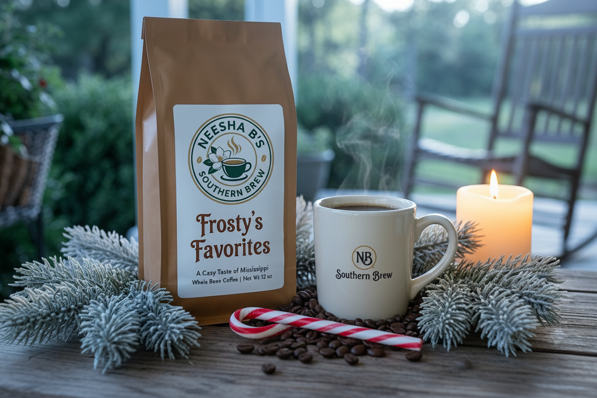 Neesha B's Southern Brew Frosty's Favorites 12oz bag with steaming mug, frosted pine branches and peppermint sticks in cozy winter candlelight