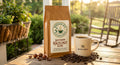 Neesha B's Southern Brew Southern Hazelnut Blend 12oz bag with steaming coffee mug on a sunny Southern porch