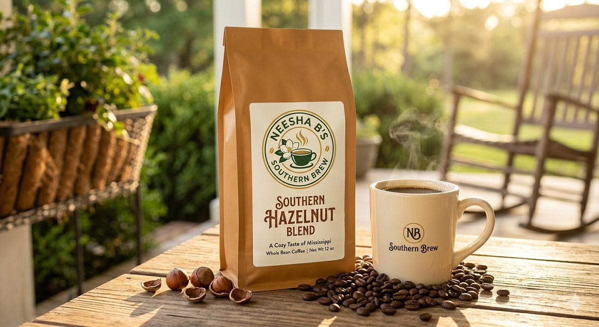 Neesha B's Southern Brew Southern Hazelnut Blend 12oz bag with steaming coffee mug on a sunny Southern porch